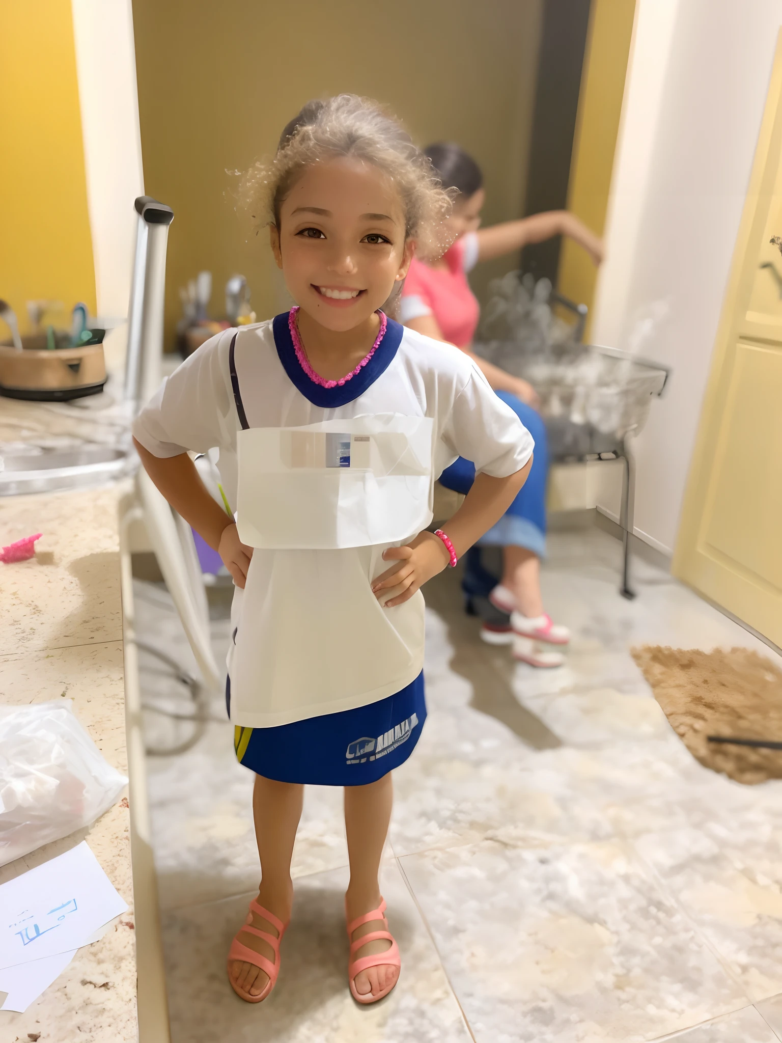 There's a young woman standing in a kitchen with a paper, Directed by: Nandor Soldier, she is smiling and excited, Directed by: David Ruby, by Almeida Júnior, Directed by: Emerson Silva, vestindo um vestido hospitalar branco, Directed by: Emma Rios, Directed by: Felipe Seade, by Amelia Peláez, vencedor do concurso de drible