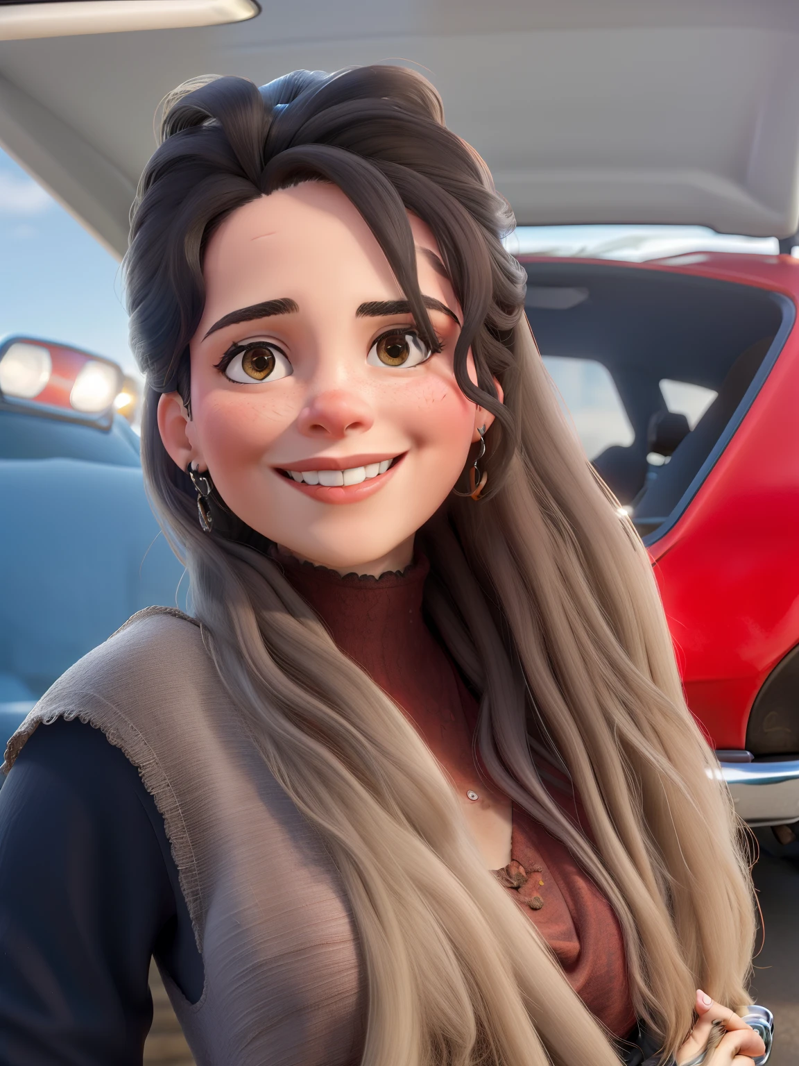 uma mulher com fundo de um carro vermelho