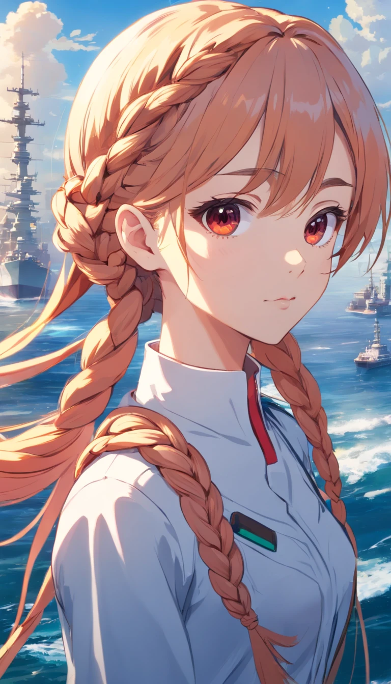 movie poster,((Braided hairstyle : 1.5)),Anime 86 Reference ,science fiction,scientific fiction,Filmes,War action films,space,atmosfera,heaven,battleship,multiple characters,mulher,Adultos,olhos verdes,cabelos pretos,(Pia franja penteado) : 1.8 ),(Red glasses),Uniforme Geral,Uniforme Branco do Comandante,detalhes realistas do rosto,realismo,Rosto 3D,