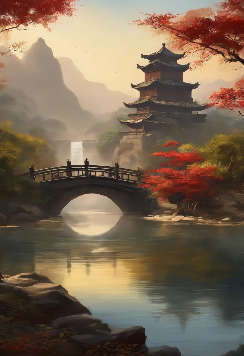 Pintura de uma aldeia chinesa com uma ponte sobre um rio, Tran Ross. scenic background, Pintura digital de um pagode, Cyberpunk Chinese Ancient Castle, Cidade chinesa sonhadora, pintura digital altamente detalhada, pintura digital muito detalhada, detailed scenery—width 672, wlop e Tran Ross, pintura detalhada 4K, arte conceitual digital detalhada, arte digital altamente detalhada