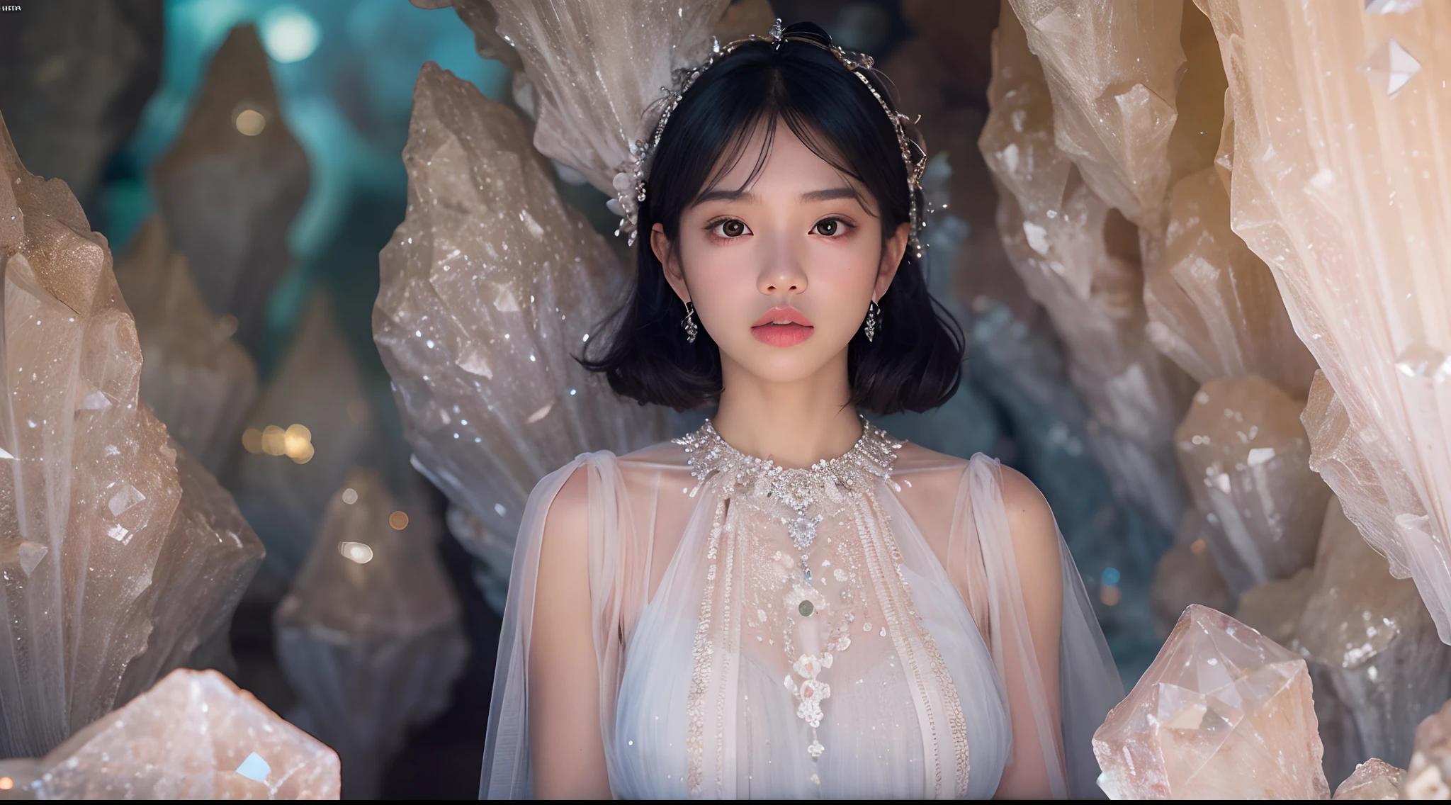 Capture the Malay girl in a vast cavern filled with towering, sparkling crystals. The radiant crystals reflect the light, casting a surreal and enchanting glow. style raw, pastel color grading, Super 8mm lense, Extreme close-up, Deep Focus cinematography effect