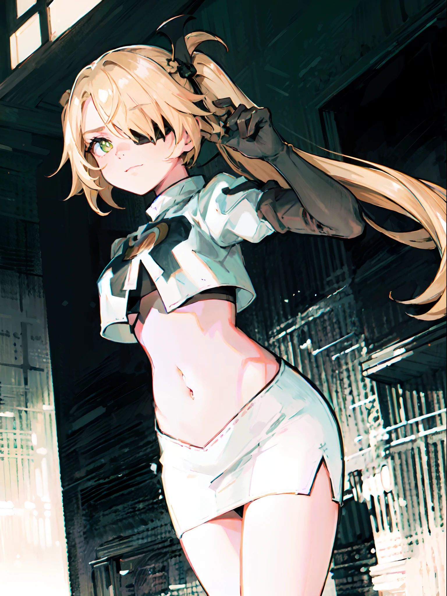 fischl (genshin impact), green eyes, (white pupils:1.2), fischl (genshin impact), medium_breasts, blonde hair, eyepatch, long hair,hair over one eye,1girl,team rocket,team rocket uniform,white skirt,crop top,black thigh-highs,black elbow gloves,