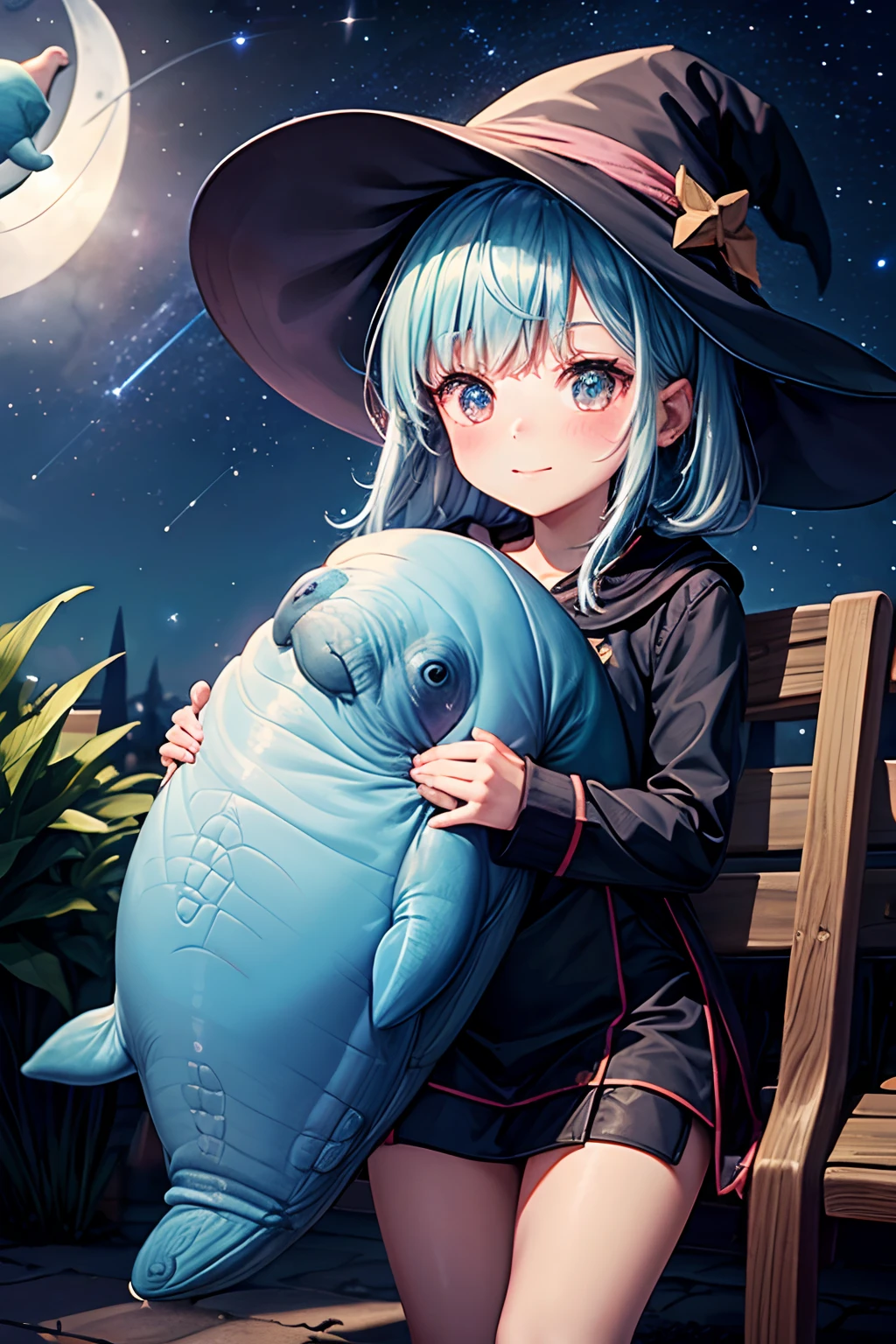 little witch, (((traveling through the night sky on a flying manatee)))), stars