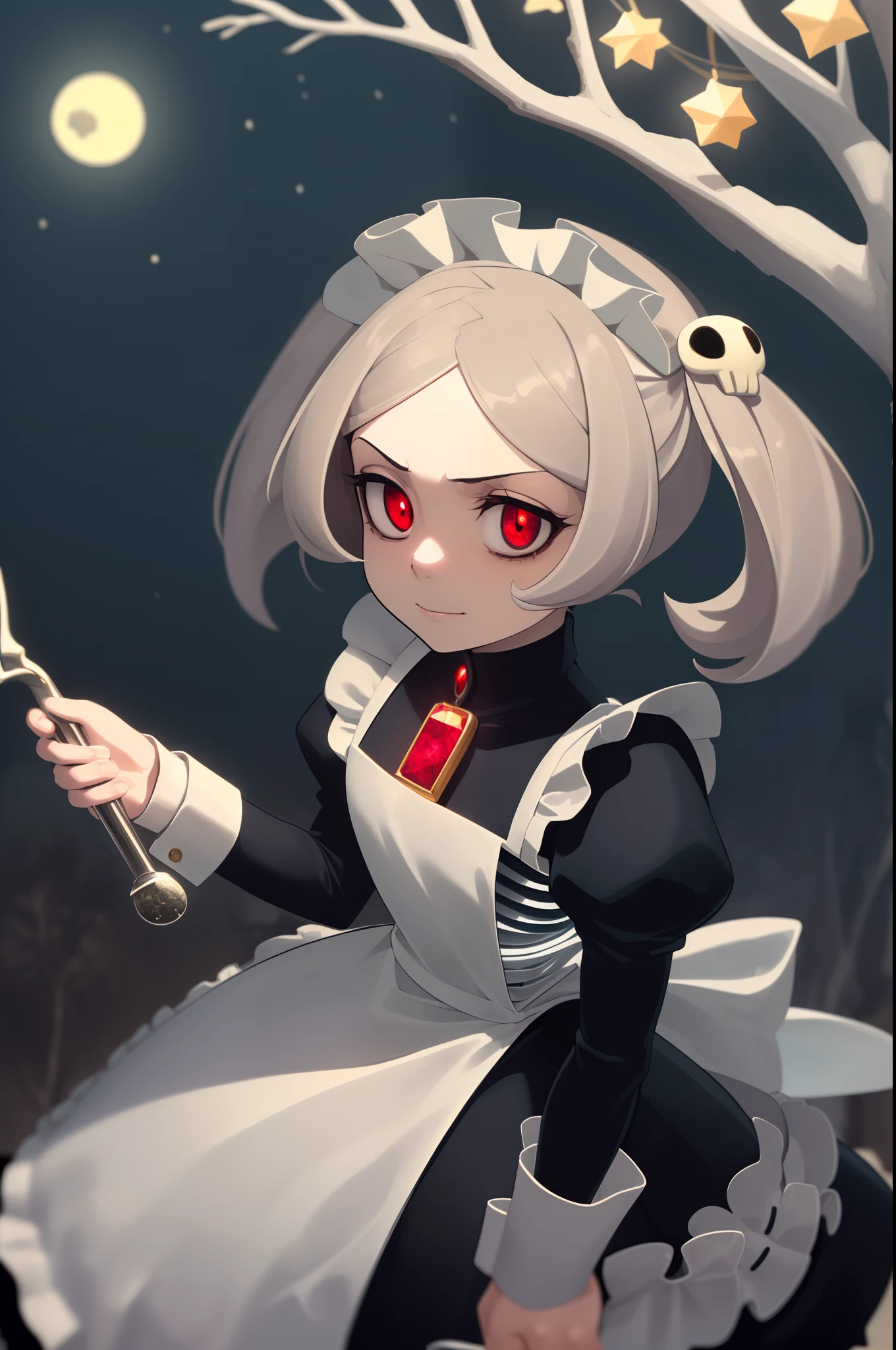 (masterpiece, best quality), marie from skullgirls, skullgirls, red pupils, digital art, anime style, girl, white hair, ((maid outfit)), (happy expression), necklace with red gem , white long socks, fullbody, looking at viwer, beautiful girl, 2D anime drawing, black heels, black and white clothing, clothed, standing up, sfw art, ((holding an skull)) , sitting behind an tree, night, stars, detailed eyes, red moon on background