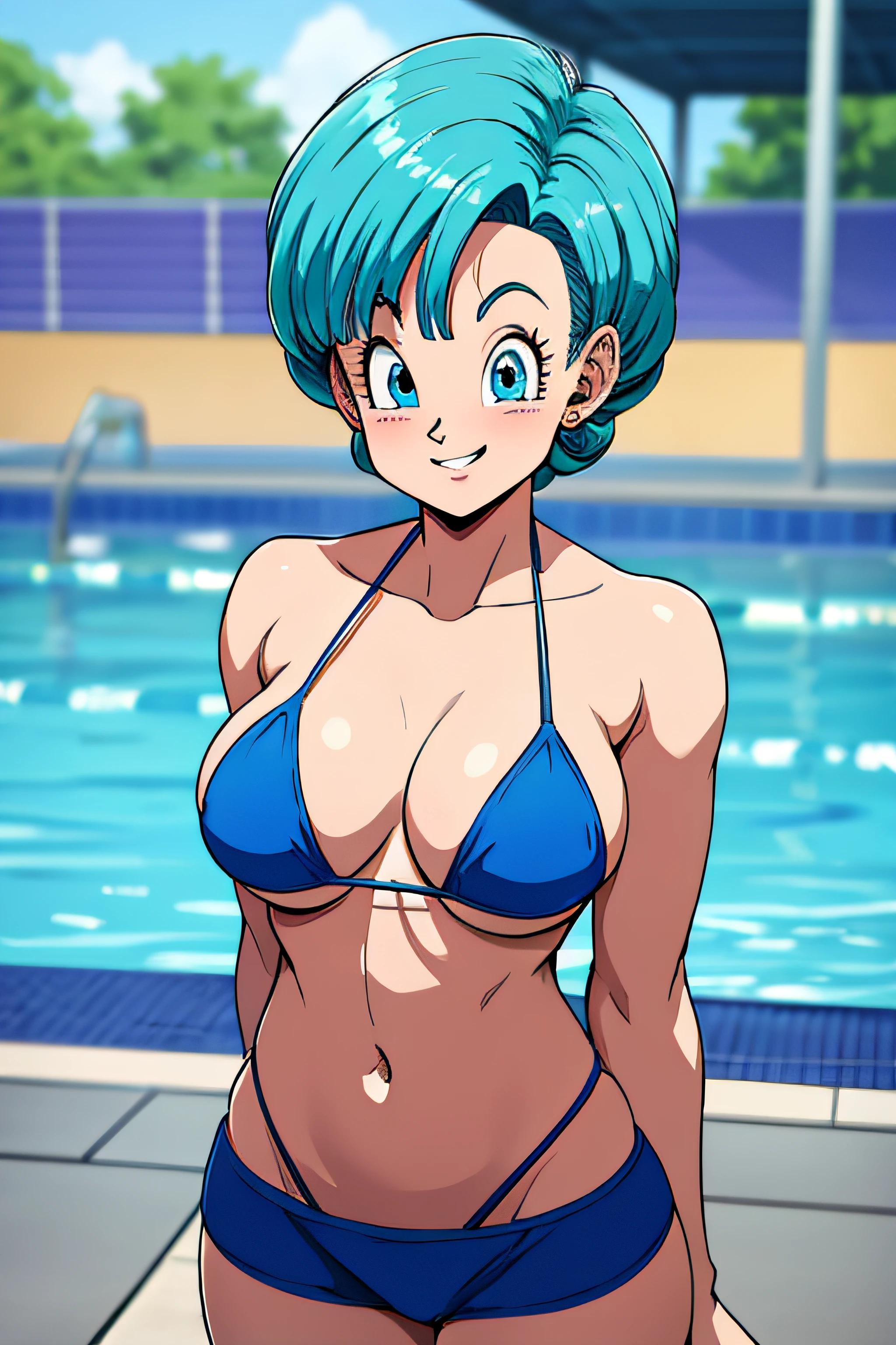 high definition, 8K, detail body, detail face, hands behind back, Bulma from dragonball z, Deep blue eyes, ((light blue bikini)), swimming pool, ((large breasts)), slim and thin, body of equal proportions, ((full body view)), front view, four fingers and 1 thumb, ((2 hands)), Blue hair, Beautiful smile, Smiling at viewer, blushing cheeks,