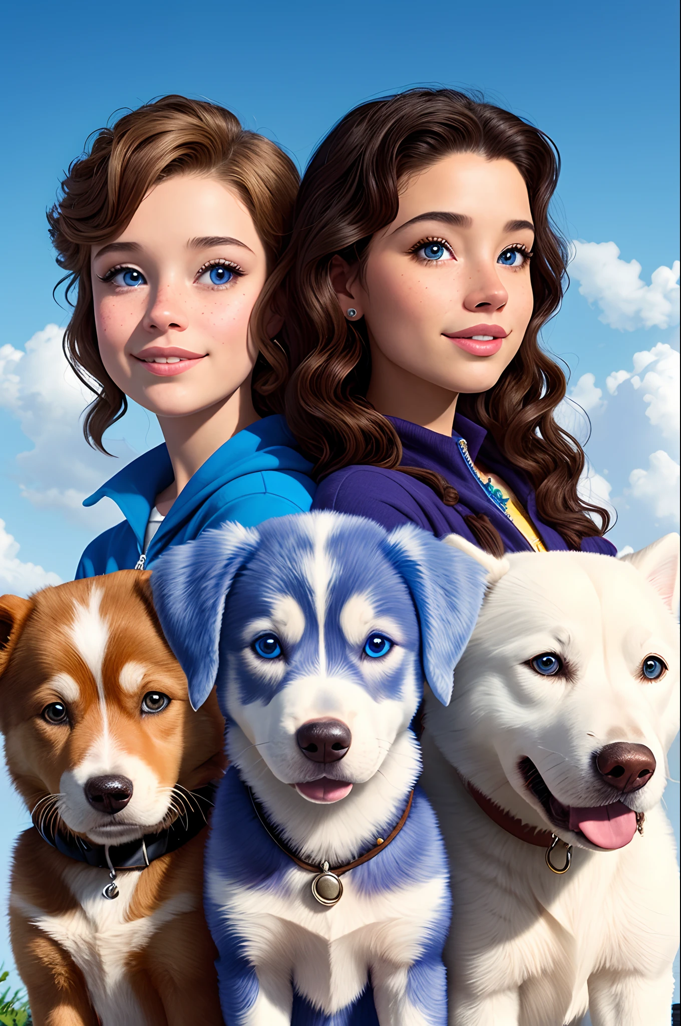 a disney pixar movie with a white girl with a short brown afro and brown eyes with freckles with her dogs a blue eyed husky puppy and an old chocolate labrador