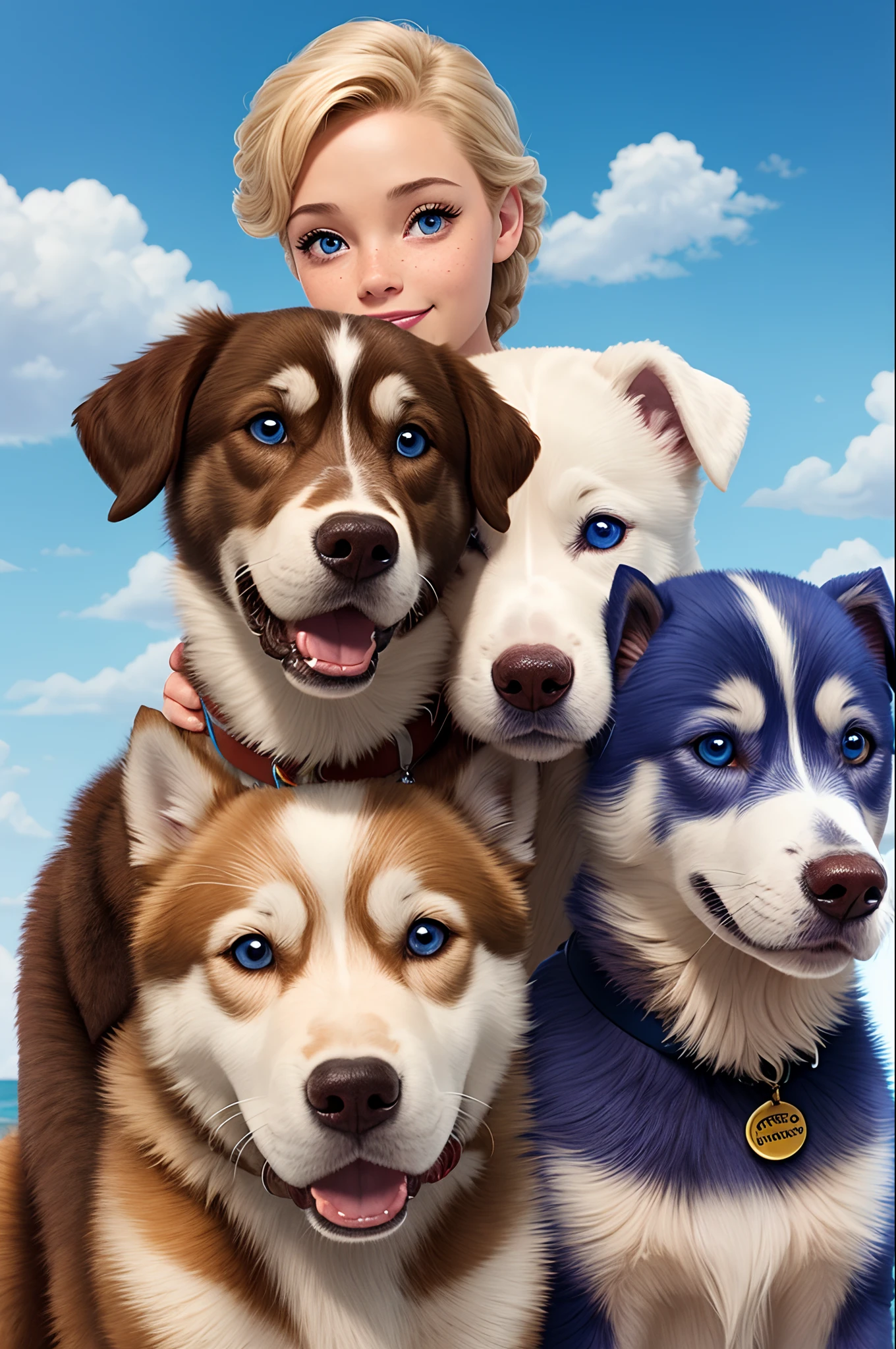 a disney pixar movie with a white girl with a short brown afro and brown eyes with freckles with her dogs a blue eyed husky puppy and an old chocolate labrador
