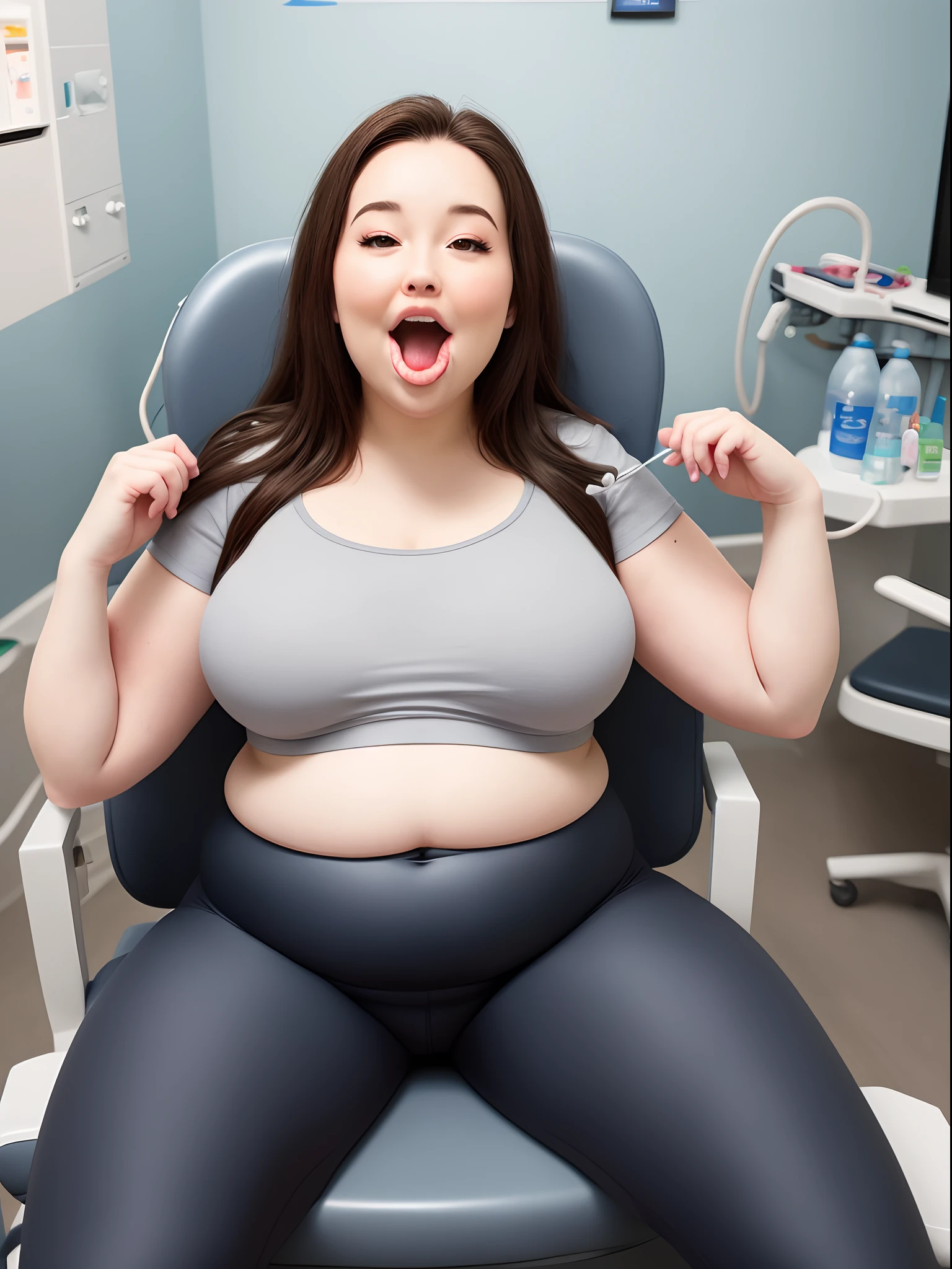 A chubby woman with leggings and a crop top with her cute belly showing. She is laying down in the dentist chair with her mouth open wide as the dentist is drilling her cavity out.