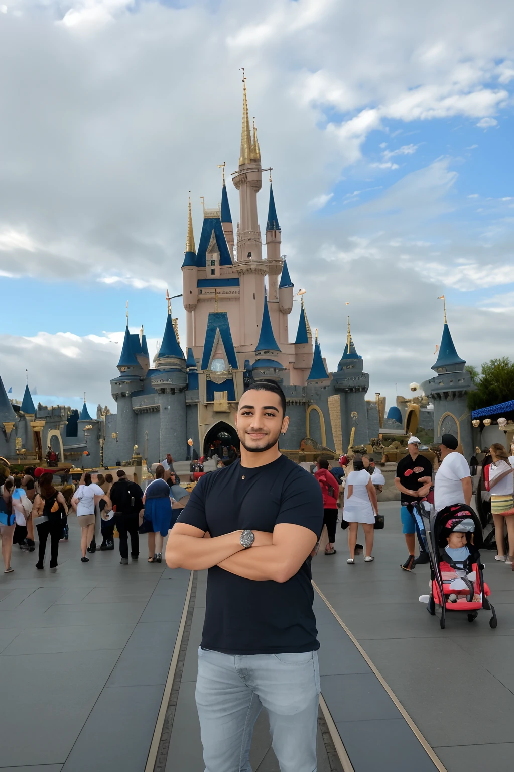 Arafed man standing in front of a castle with a bunch of people, com um castelo ao fundo, Castelo no fundo, Castelo no fundo, ( Castelo no fundo ), mundo disney, Artista Disney, disney 8 k foto, Cantor Maluma, background is disneyland castle, Walt Disney Mundo, magical realm, EUA-Set 20, standing near a castle