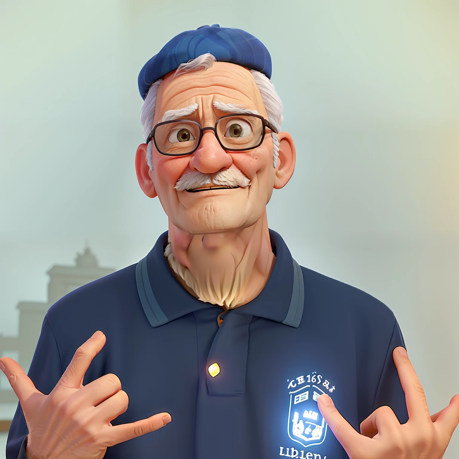 A wise old man standing in front, illuminated by the light of a lamp, against the backdrop of a library