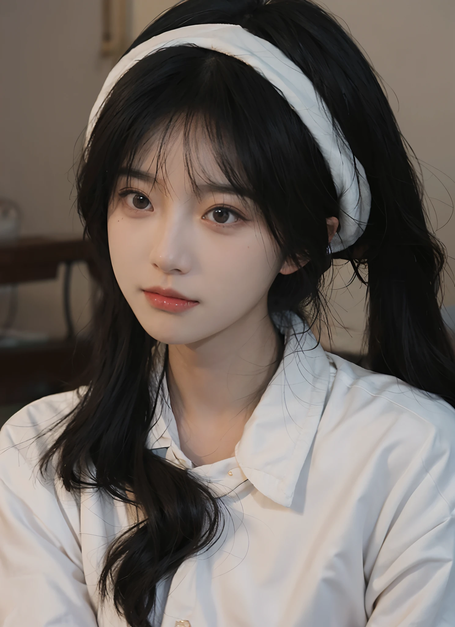 best qualtiy， 超高分辨率， （realisticlying：1.4）， A woman with long black hair and a gray sweater, 中景 the scene is，Soft portrait shot 8 K, pale round face, with round face, She has black hair，By bangs, young lovely Korean faces, wan adorable korean face, ulzzangs, Shin Jinying, beautiful aesthetic face, Korean face features, soft round face, iu lee ji-eun as a super villain, Beautiful realistic face