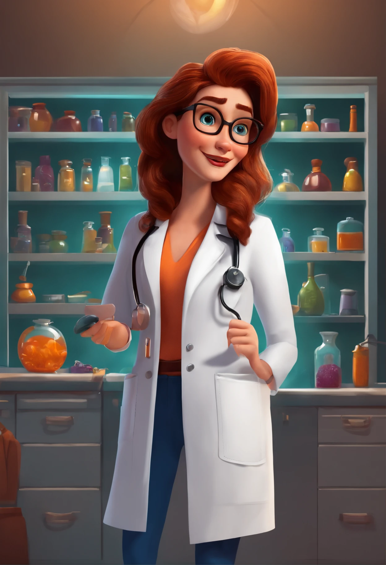 Create a pixar-style character inside a lab lab coat.