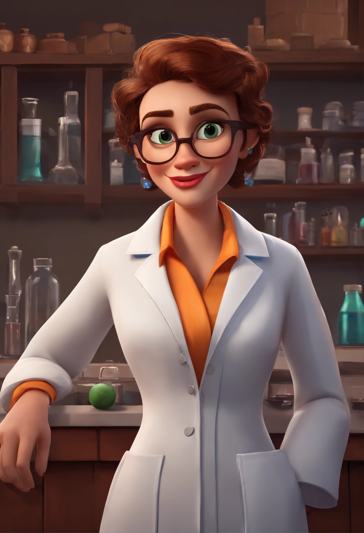 Create a pixar-style character inside a lab lab coat.