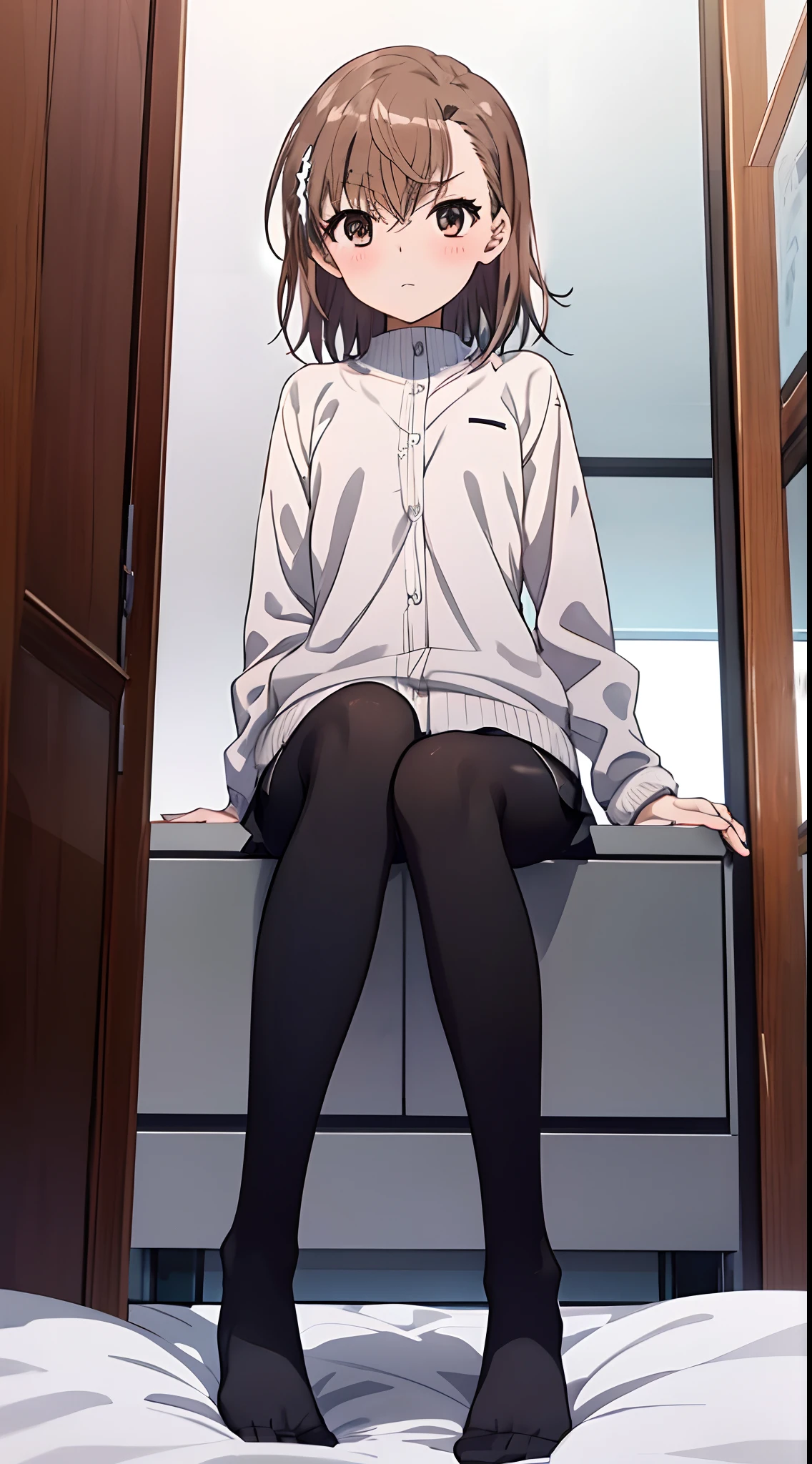 Misaka Mikoto、Misaka Mikoto、Mature and slender body shape1Japan of people18Year old girl、solo、slightly disheveled hair、Full body from head to leg、Composition from slightly below、Sitting facing the front、M-shaped legs、Holding your feet、small tits、High school girl in underwear、White bra、white panties、Black pantyhose、(Black_pantyhose):1.2)、Show white panties through stockings、No shoes、Bedrooms、inside in room、during daytime、blushing、looking at the viewers、Panchira、Composition from the front、watching at viewers、White panties are visible