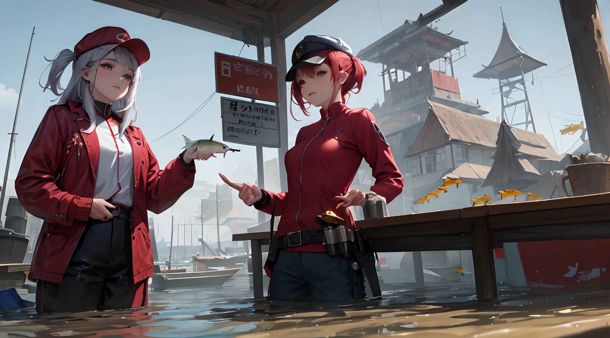 Homem pardo de barba curta, with red cap, pescador, This one with fish in her hands, Red Long Sleeve Shirt Grey Pants with Side Pockets.
