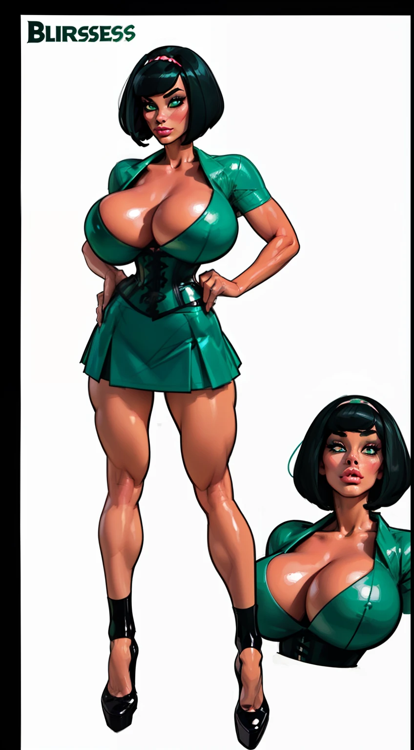 ((masterpiece)),(((best quality))),((character design sheet)), ((full body view)) illustration,1girl, muscular, ((tight mintgreen skirt:1.2)), ercup, (mintgreen hairband),(dark black hair:1.3), greendress ((detailed face:1.4)) ((gigantic brea)), ((latex legs)), beautiful woman, slick bobcut, ((black corset:1.1) )shiny skin, (thick legs), scribbles and marks, , rough sketches, pose, 8k,16k, (simple background, white background: 1.3)