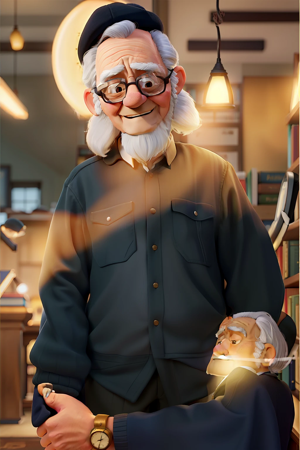 A wise old man standing in front, illuminated by the light of a lamp, against the backdrop of a library
