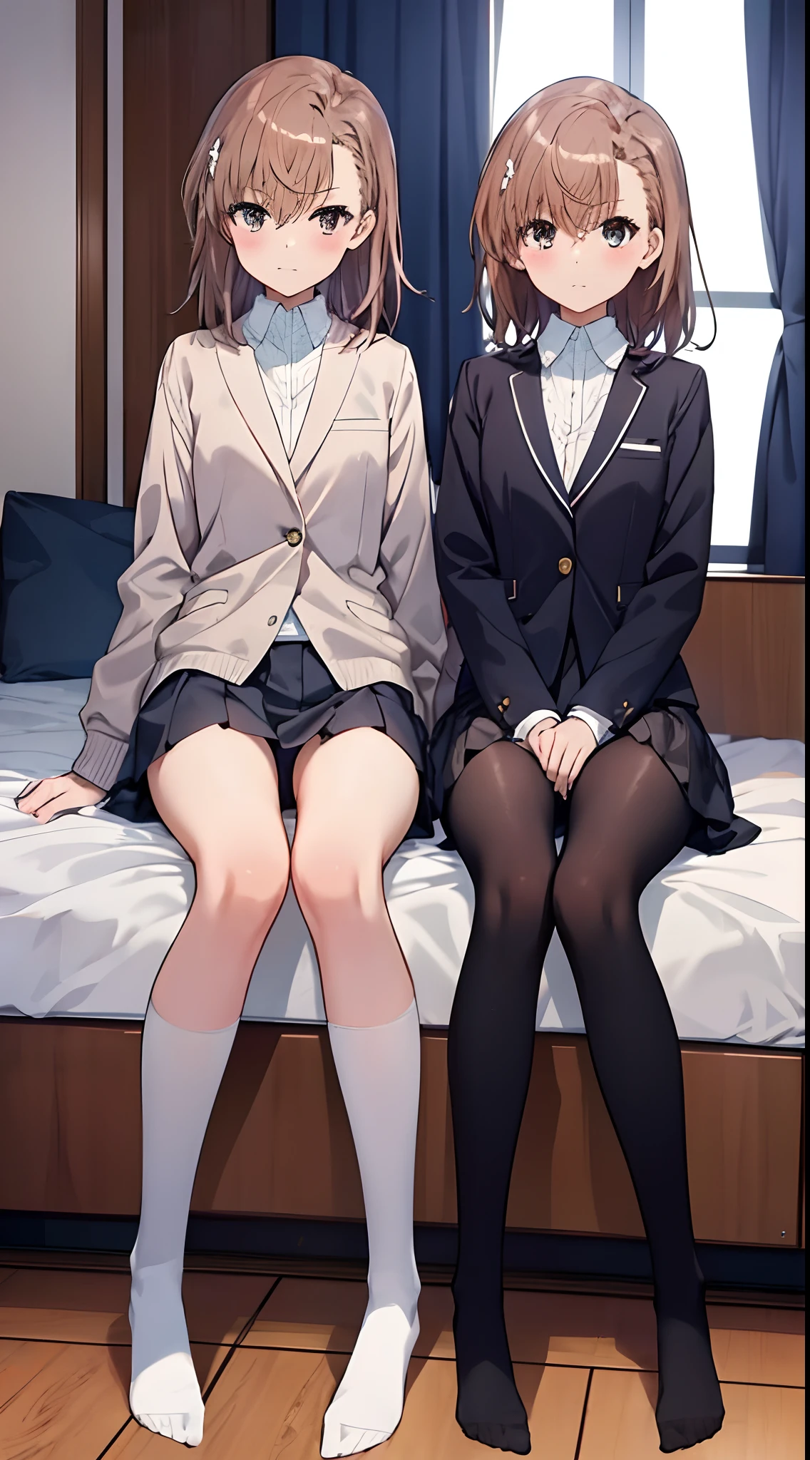 Misaka Mikoto、Misaka Mikoto、Mature and slender body shape１Japan of people１８Year old girl、solo、slightly disheveled hair、Full body from head to leg、Composition from slightly below、Sitting facing the front、M-shaped legs、Holding your feet、small tits、High school girl in underwear、White bra、white  panties、Black pantyhose、(Black_pantyhose):1.2)、Show white panties through stockings、No shoes、Bedrooms、inside in room、during daytime、blushing、looking at the viewers、Panchira、Composition from the front、watching at viewers、White panties are visible