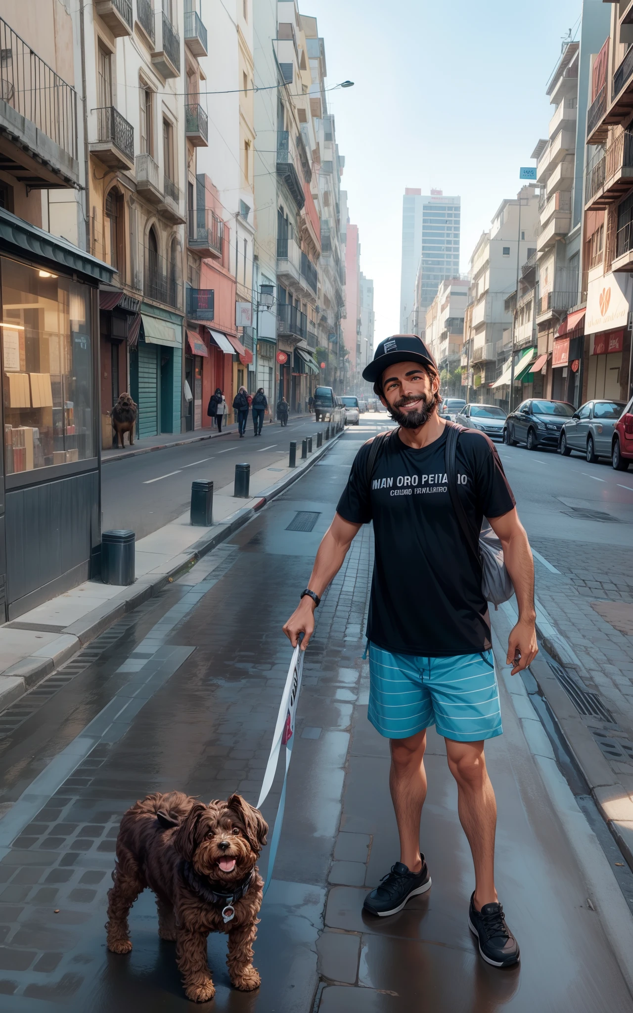 La mejor calidad, Obra maestra, el chico de la foto, Cara detallada, Cara hermosa, ojos detallados, They are smiling, con un lindo perro chocolate raza cockapoo igual al de la foto, cuerpo completo, in the autonomous city of Buenos Aires.