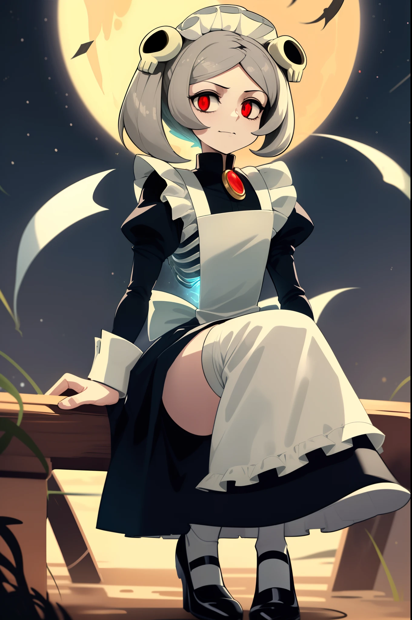 (masterpiece, best quality), marie from skullgirls, skullgirls, red pupils, digital art, anime style, girl, white hair, ((maid outfit)), (happy expression), necklace with red gem , white long socks, fullbody, looking at viwer, beautiful girl, 2D anime drawing, black heels, black and white clothing, clothed, standing up, sfw art, ((holding an skull)) , sitting behind an tree, night, stars, detailed eyes, red moon on background