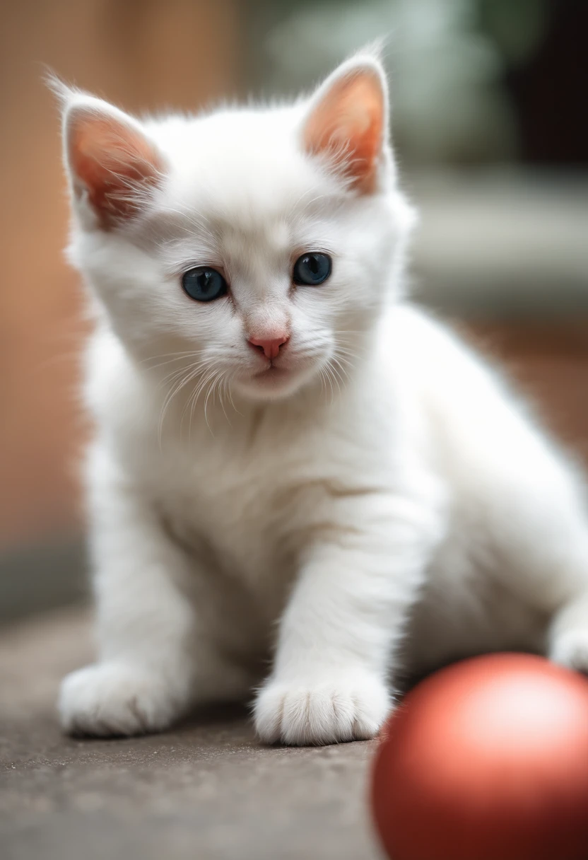 Un gatito descansa sobre una pelota blanca。Antes de eso１Tengo un perro y estoy preocupado。