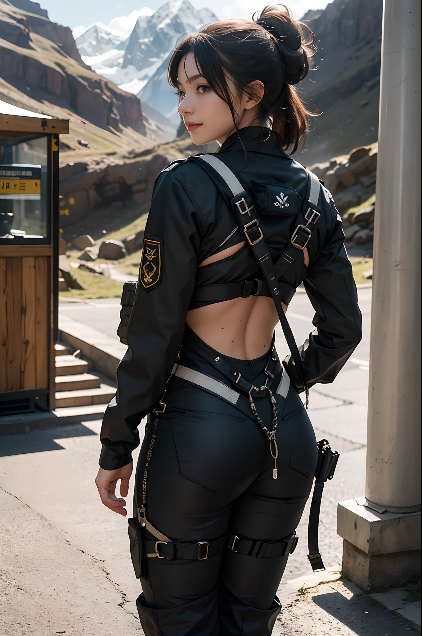(Highest image quality, outstanding details, ultra-high resolution), 1 girl, wearing futuristic military outfit((inspired by yoga wear and outdoor mountain wear, military harness, military gears such as pouches)), (glamour body:1.2, buffed and muscular body), (a bit chubby:0.5), background military base, mild smile, dynamic pose, dramatic lighting, full body shot, seen from back, walking