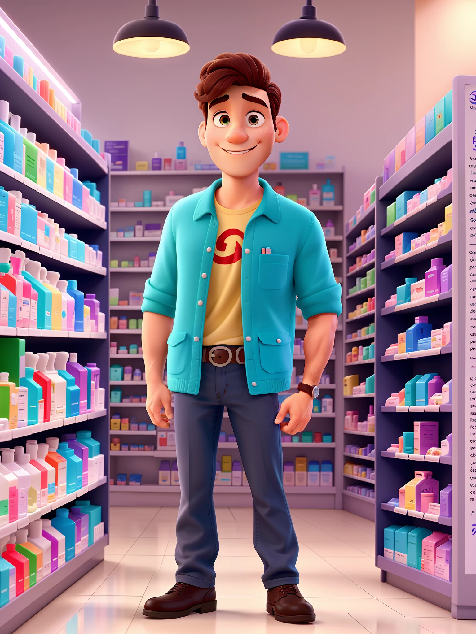 Um homem estilo Disney pixar, alta qualidade, Selling cosmetic products in a pharmacy to a clerk.