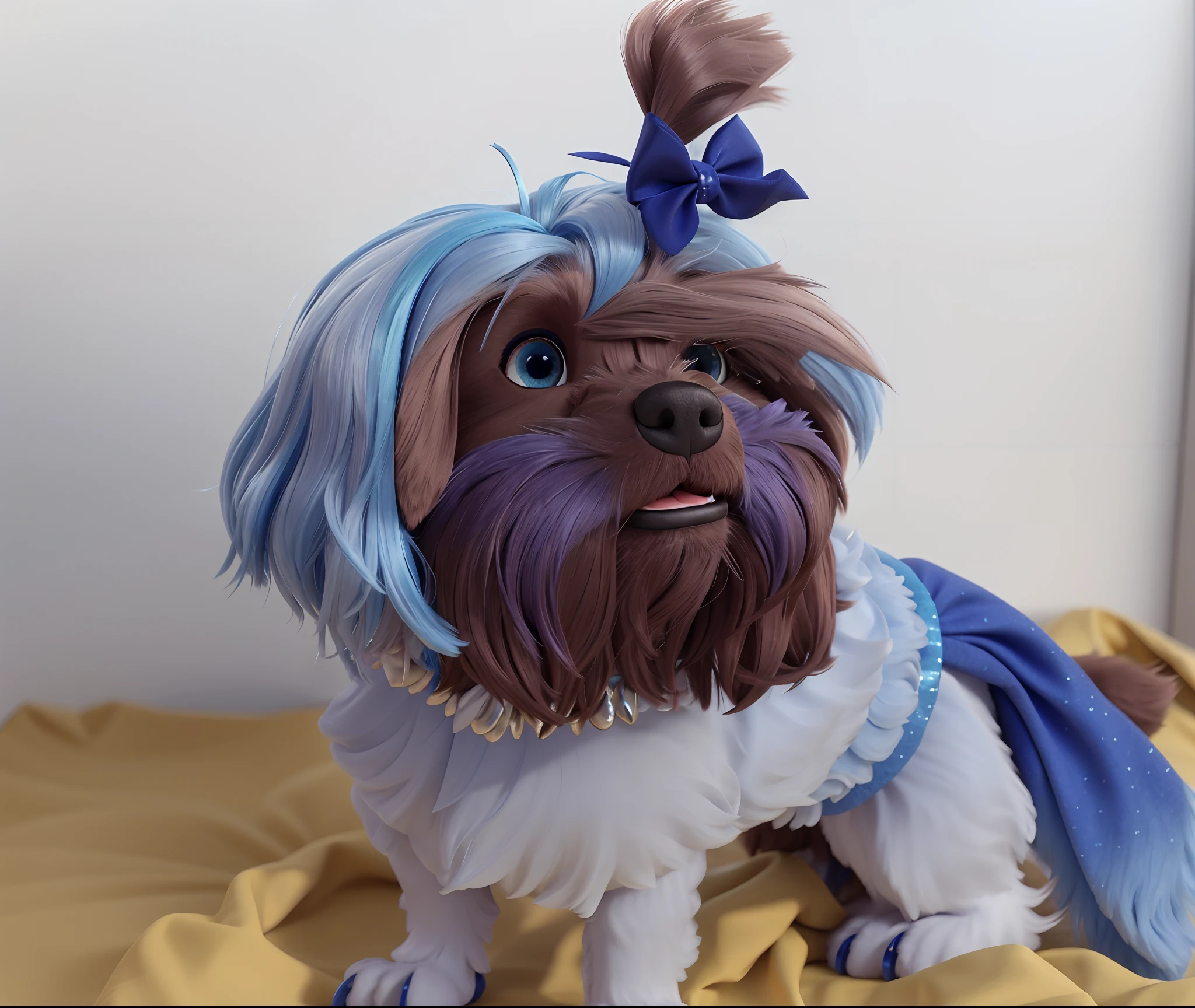 Araffe dog with a blue bow tie and a blue ribbon on its head, Shih Tzu, Miko, um bonito, traje com detalhes azuis, modelo bem cuidado, em um vestido extravagante, cabelo comprido azul centrado, is a stunning, Dog cute, olhar orgulhoso, com pelo azul e olhos azuis, Yorkshire Terrier, an afghan male type