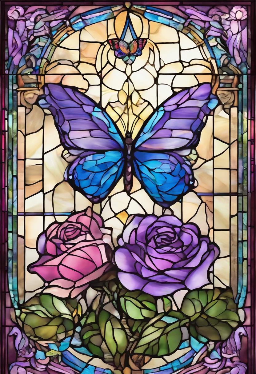 Blue rose flower,3 cute little purple butterflies(Butterfly wings, Pale reddish-purple, ) , Gentle atmosphere, Warm pale light, a moon,stele, Colorful Glass