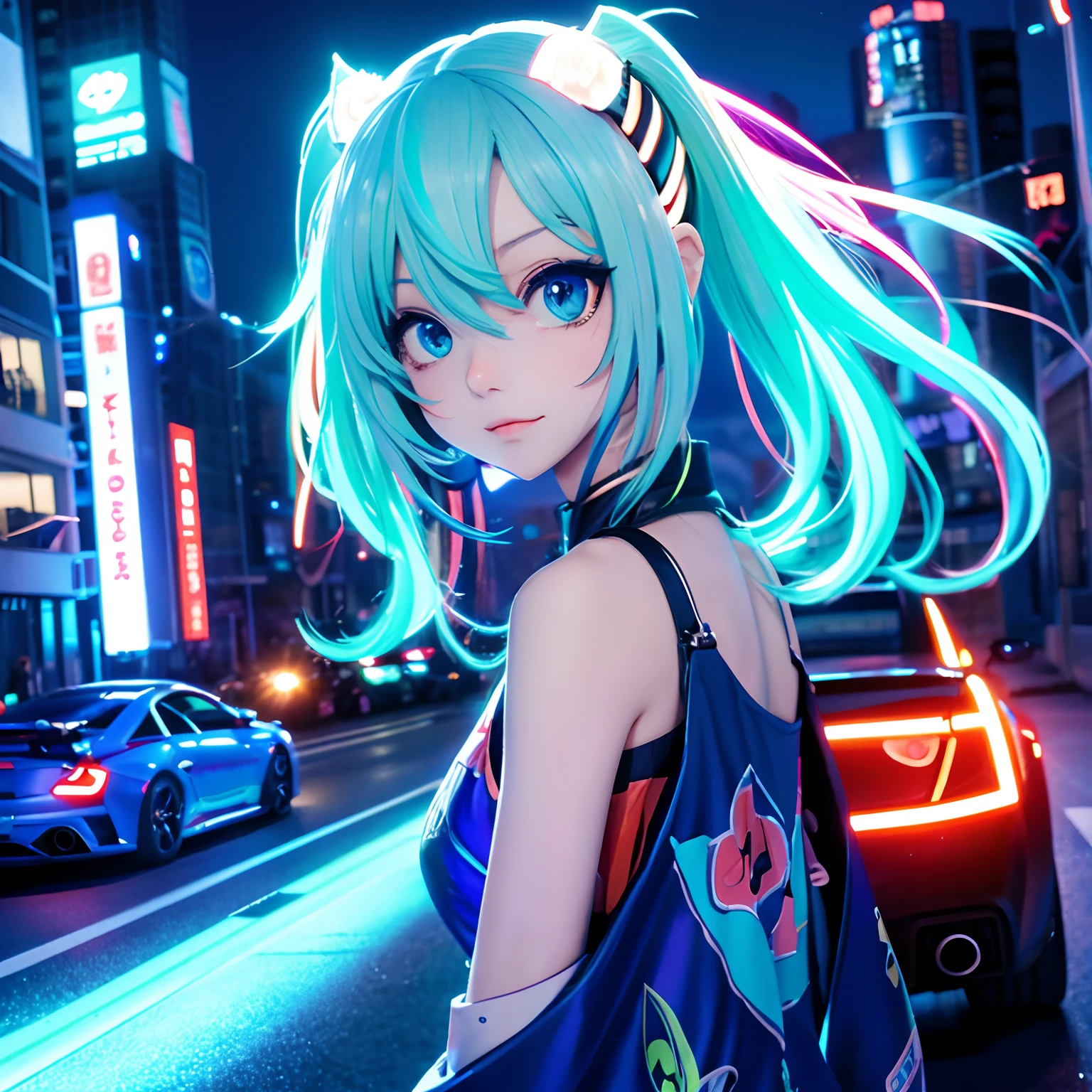 masutepiece,super car,Super cool,Bright blue,Majora,nighttime scene,neon color,Cute Anime Girl,Race Queen,silber hair,Twin-tailed hair,Lamborghi,masterpiece,fluorescent,neons,Perfect Cryoli,masterpiece,Ideal style,The work of a professional animator,miku hatsune,Vector lines,full bodyesbian,metalic,Focus on Miku