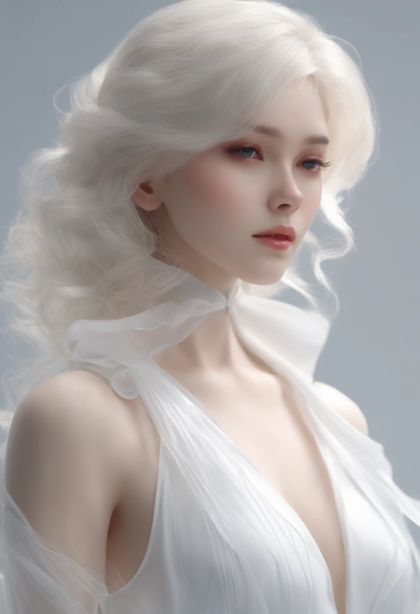 Highest quality,The perfect masterpiece,Perfect artwork,Official Works,8K,, (Upper Body Portrait:1.3),((Seen from the side:1.5)),close-up lens,Delicate face,, ,White-haired girl,(hakuhatsu:1.5),short and medium hair,((White transparent eyes:1.5)),(white dress:1.2),(Transparent clothing:1.2),(Black background:1.3),, pearl illusion,Cyberpunk,fashion trend,3s material,high-definition,detail representation,c4d,3D,octane rendering,ray tracing,complex details,animated lighting,OCrenderer,
