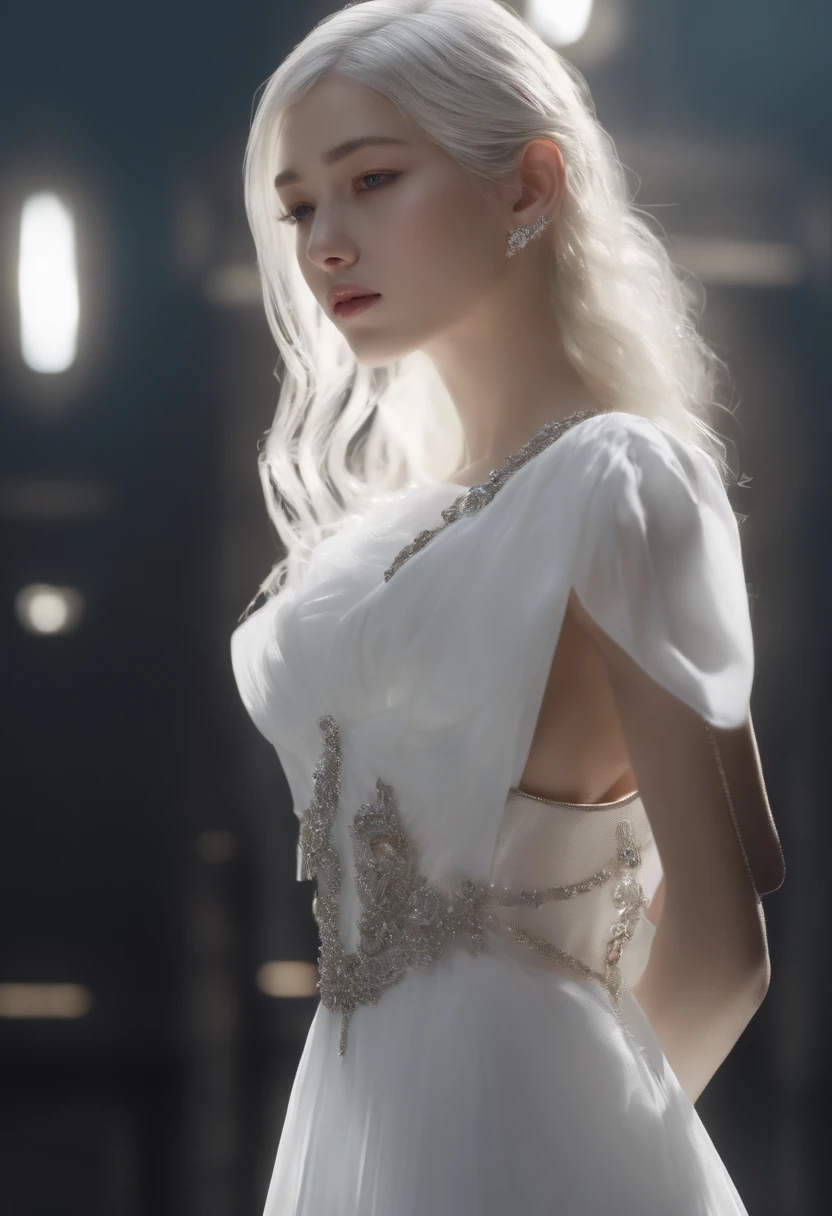 Highest quality,The perfect masterpiece,Perfect artwork,Official Works,8K,, (Upper Body Portrait:1.3),((Seen from the side:1.5)),close-up lens,Delicate face,, 17 years old,White-haired girl,(hakuhatsu:1.5),short and medium hair,((White transparent eyes:1.5)),(white dress:1.2),(Transparent clothing:1.2),(Black background:1.3),, pearl illusion,Cyberpunk,fashion trend,3s material,high-definition,detail representation,c4d,3D,octane rendering,ray tracing,complex details,animated lighting,OCrenderer,