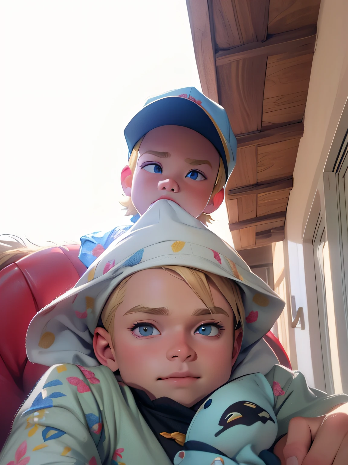 Make a blond man and baby, com cabelos loiro, Man with cap in Disney Pixar, alta qualidade e melhor qualidade