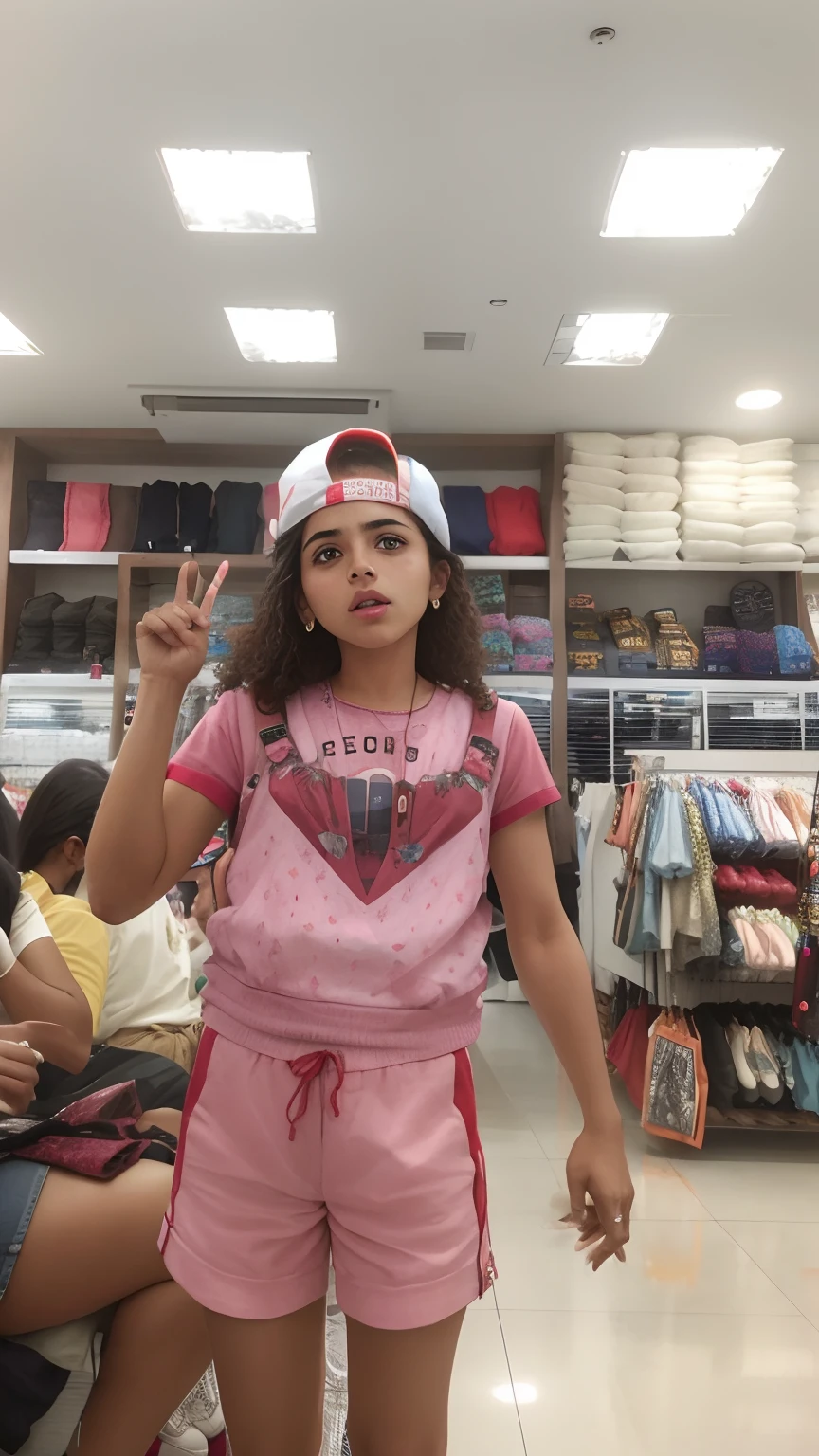 There's a girl standing in a store with her hand up, E - Menina, e-menina, Directed by: Alexander Brook, cabrito, she is wearing streetwear, Parece Fabiula Nascimento, em um shopping, andrea rocha, estrela do rock, 2. tabagismo, Directed by: Samuel Silva, In Sao Paulo, by Amelia Peláez