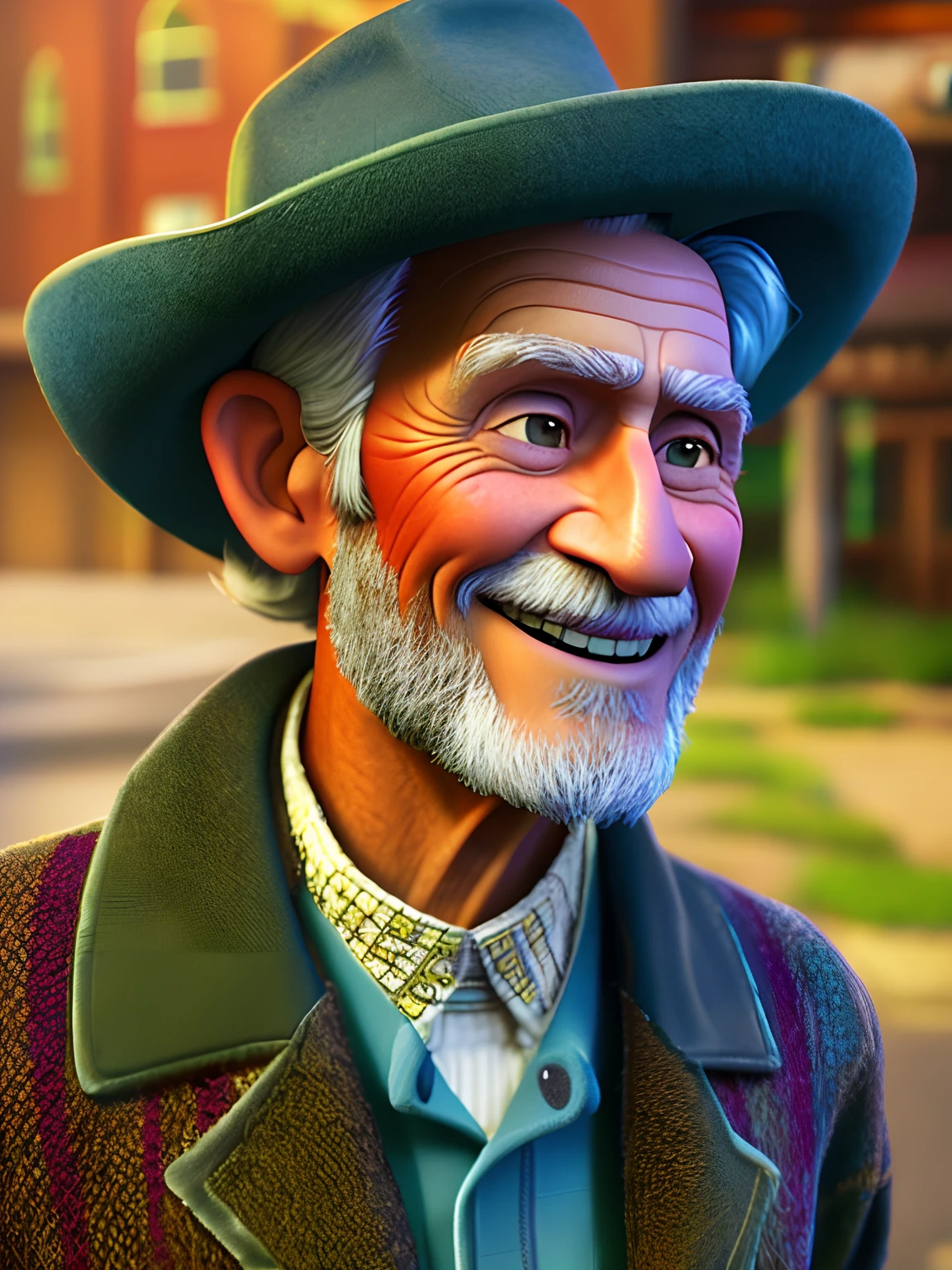 Pixarstyle A waist-high portrait of an elderly man with social clothes, smile, natural skin texture, 4K textures, HDR, intricate, highly detailed, sharp focus, cinematic look, hyper-detailed