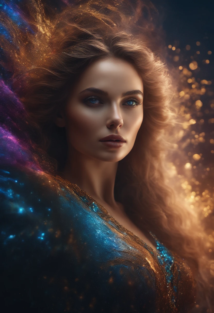 (best quality, master part), 1girl, poser, Particle, vento, flor, parte superior do corpo, fundo simples, Olhando para o Viewer, louro, galaxy,