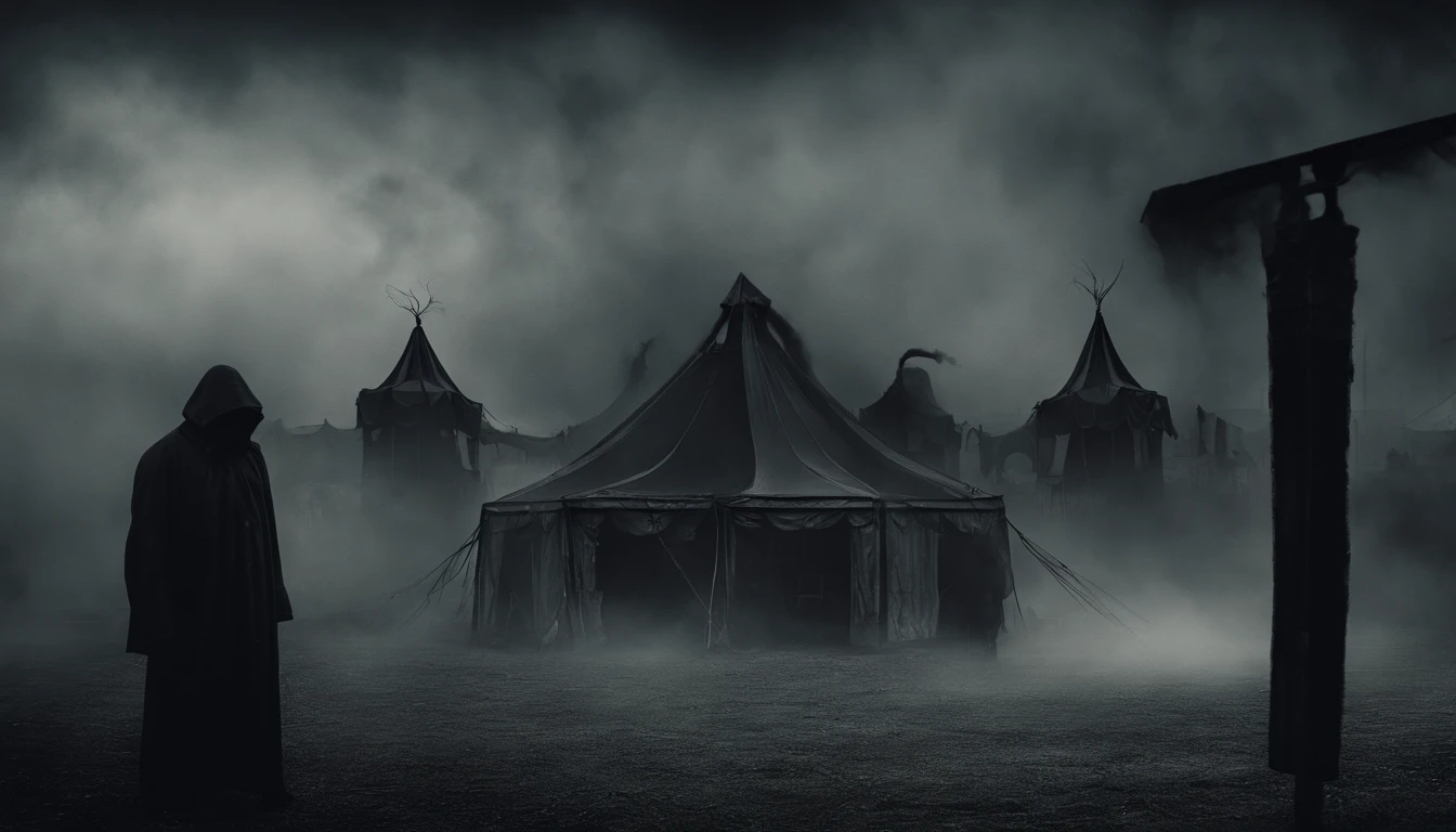 Eerie image of a circus of bizarreness in the midst of a mist, fotografia de filme de terror
