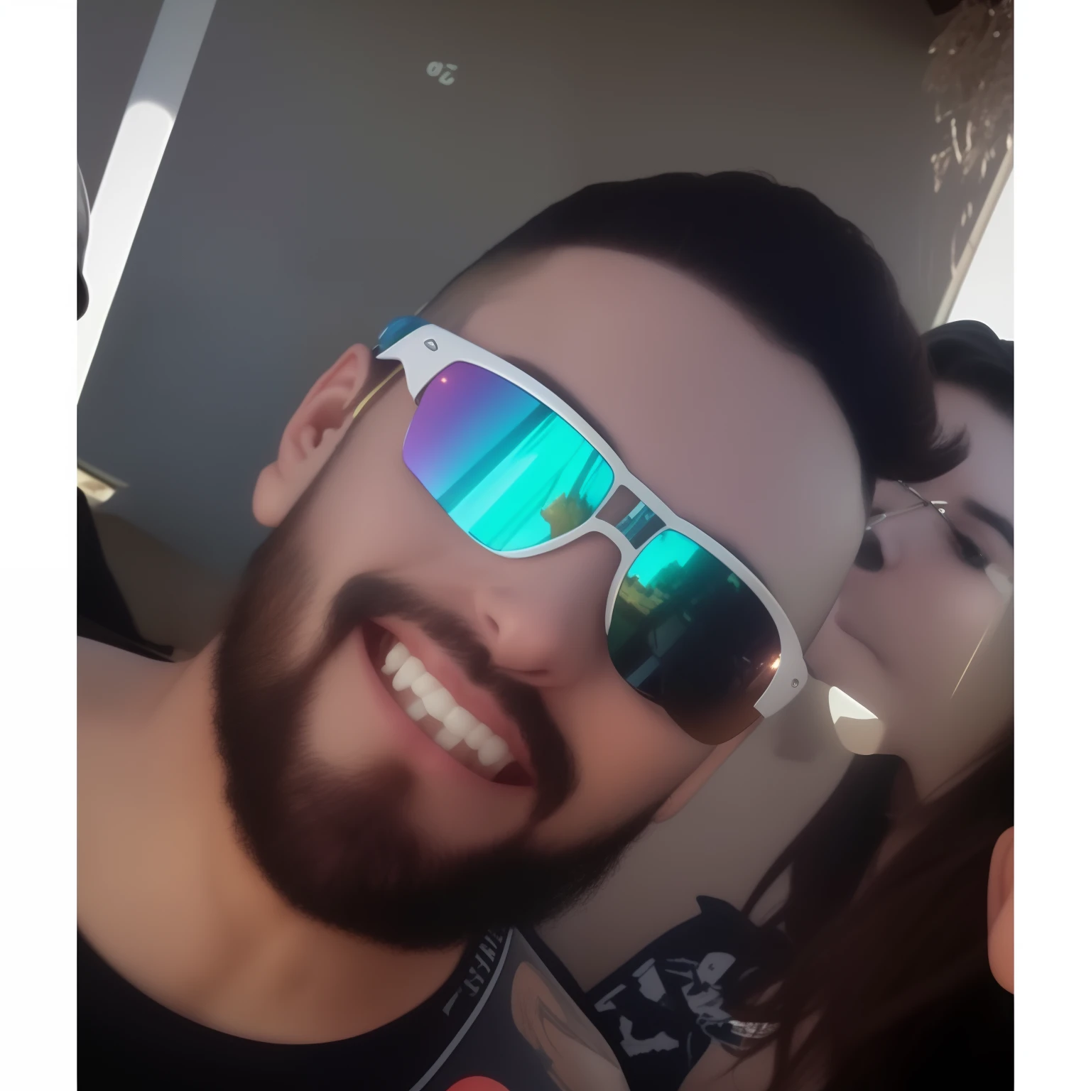 there is a man with a beard and sunglasses smiling, wearing oakley sunglasses, wearing mirrored sunglasses, sunglasses on, wearing blue sunglasses, testa de vidro azul neon, imagem de qualidade muito baixa, with sun glasses, spiked collared sunglasses, imagem de perfil, implanted sunglasses, foto de perfil, olhos reflexivos coloridos, meme do reddit, Foto de perfil, Adornos refrativos coloridos