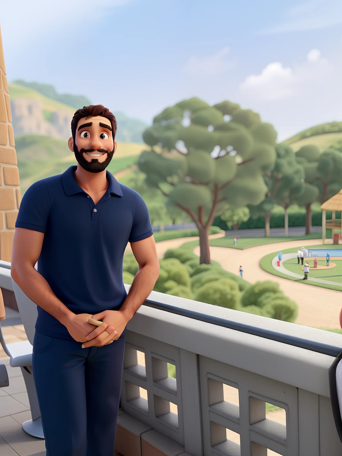 Um homem alto, com barba, sorrindo. one hand holding the other, as pernas cruzadas. Tem um parque ao fundo.