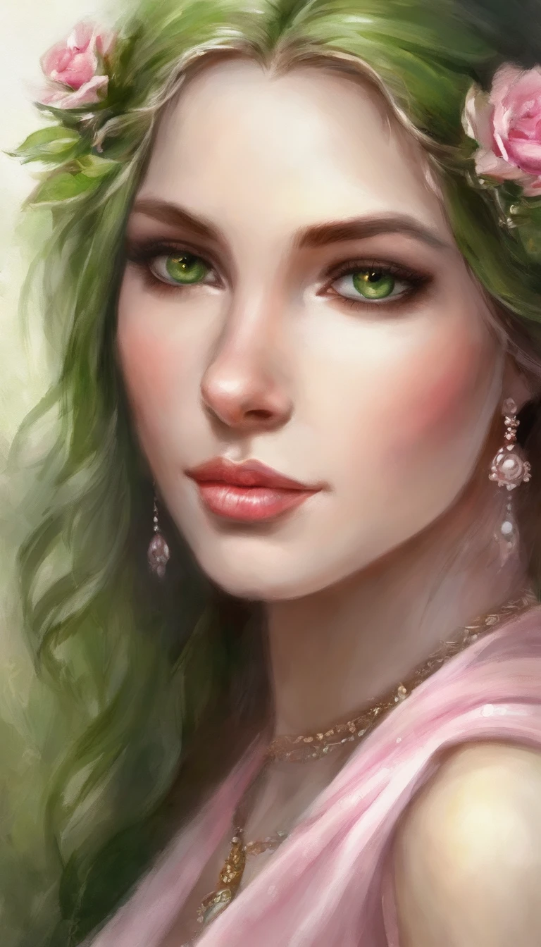 best qualtiy,tmasterpiece,超A high resolution,(真实感:1.4),RAW photogr,cold light,1girll,(Close-up of the upper body,close up of face), Nice face,(slim,Raised sexy),ssmile,long green hair,hair adornments,(Slender Leg,cross leg), (White collar blouse,Pink pleated skirt),Beautiful teenage girl,beautiful goddess,Detailed scene, painting-like, Beautiful teenage girl,beautiful goddess,Detailed scene, beautiful digital illustrations, detaileds,ultra-detailliert, cinematic quality, alraune,Green eyes,no breast,unclear