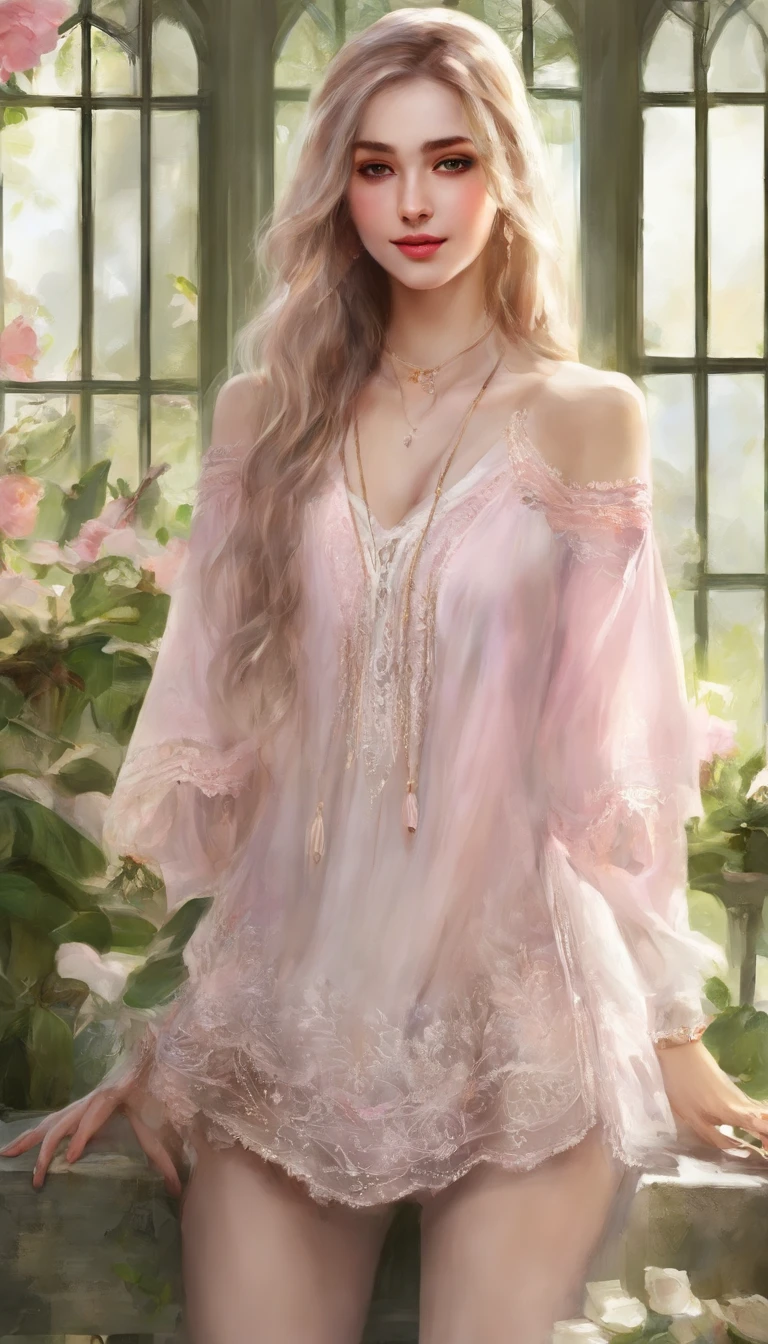 best qualtiy,tmasterpiece,超A high resolution,(真实感:1.4),RAW photogr,cold light,1girll,(Close-up of the upper body,close up of face), Nice face,(slim,Raised sexy),ssmile,long green hair,hair adornments,(Slender Leg,cross leg), (White collar blouse,Pink pleated skirt),Beautiful teenage girl,beautiful goddess,Detailed scene, painting-like, Beautiful teenage girl,beautiful goddess,Detailed scene, beautiful digital illustrations, detaileds,ultra-detailliert, cinematic quality, alraune,Green eyes,no breast,unclear
