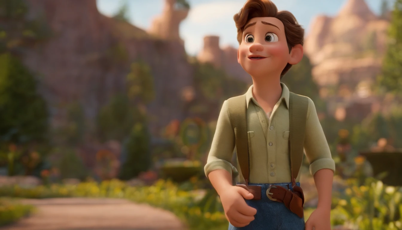 qualidade de imagem do filme，Disney Animation，Disney animated films，menino mais novo，rindo alegremente，Jogue com seu telefone，Denim suspenders，profundidade de campos，Luz alta，luz real，Traching de raias，oc renderizado，hyper-realistic，melhor qualidade，8k，Obras de mestres，super-fino，pelos pubianos detalhados，anatomia correta，sharp focus on eyes，Bokeh，Facial features are carefully described
