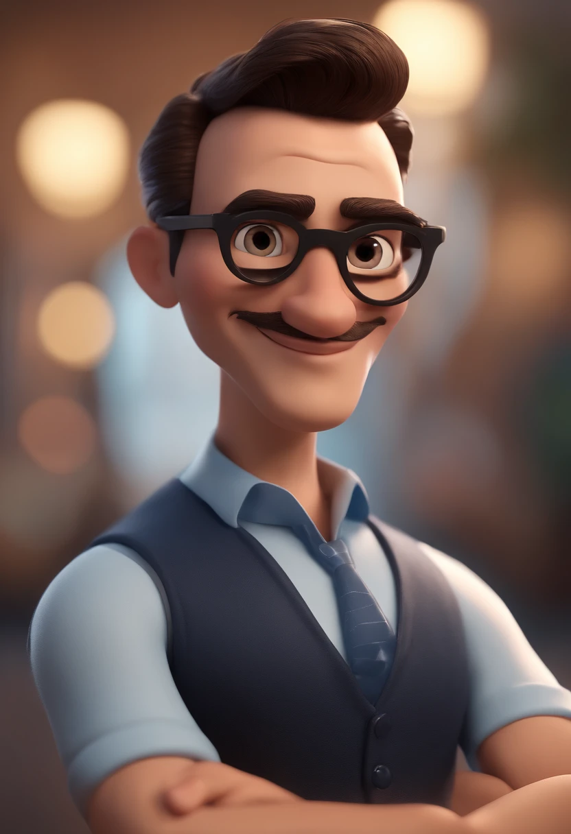 Cartoon character of a man with black glasses and a blue shirt, animation character, Caractere estilizado, animation style rendering, 3D estilizado, Arnold Maya render, 3 d render stylized, toon render keyshot, Personagem 3D, Personagem 3D, 3d rendering stylized, 3 d character render, personagem de desenho animado, Personagem de close up, Pose de personagem,  (Estilo Pixar) (master part:1.2) (Bokeh) (best quality) (pele detalhada) (textura detalhada) (8k) (argila) (Cinematic lighting) (foco nítido