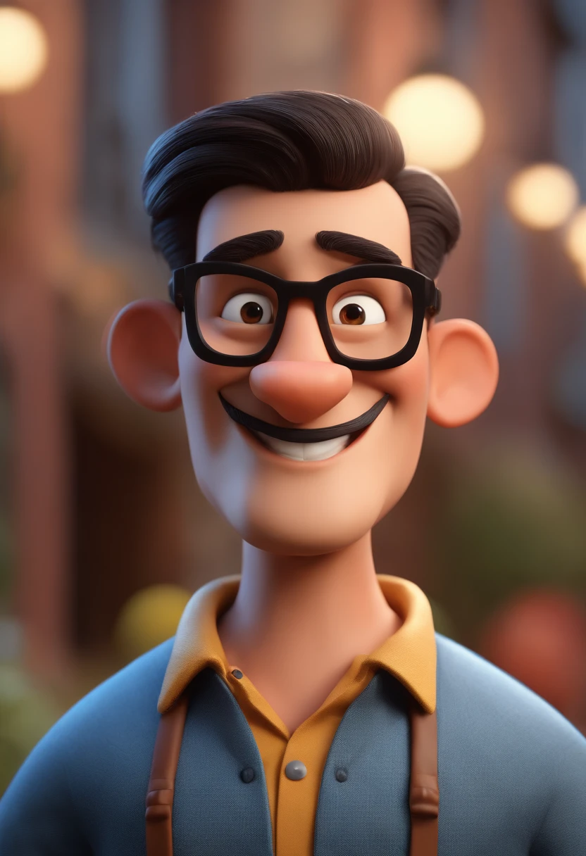 Cartoon character of a man with black glasses and a blue shirt, animation character, Caractere estilizado, animation style rendering, 3D estilizado, Arnold Maya render, 3 d render stylized, toon render keyshot, Personagem 3D, Personagem 3D, 3d rendering stylized, 3 d character render, personagem de desenho animado, Personagem de close up, Pose de personagem, (Estilo Pixar) (master part:1.2) (Bokeh) (best quality) (pele detalhada) (textura detalhada) (8k) (argila) (Cinematic lighting) (foco nítido