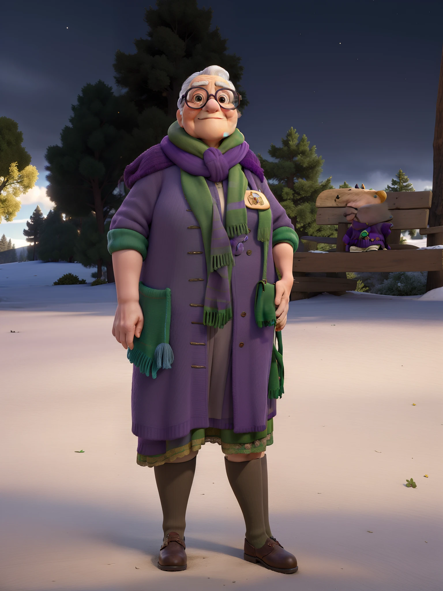 masterpiece, best quality, an old woman with glasses and a scarf on, wearing a purple coat and green scarf, standing at the park