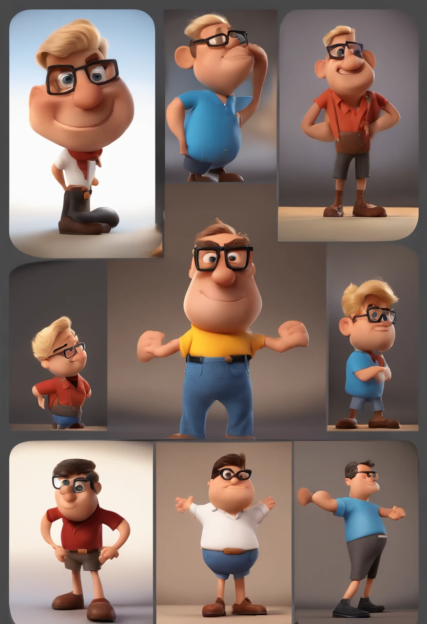 Cartoon character of a man with black glasses and a blue shirt, animation character, Caractere estilizado, animation style rendering, 3D estilizado, Arnold Maya render, 3 d render stylized, toon render keyshot, Personagem 3D, Personagem 3D, 3d rendering stylized, 3 d character render, personagem de desenho animado, Personagem de close up, Pose de personagem,  (Estilo Pixar) (master part:1.2) (Bokeh) (best quality) (pele detalhada) (textura detalhada) (8k) (argila) (Cinematic lighting) (foco nítido