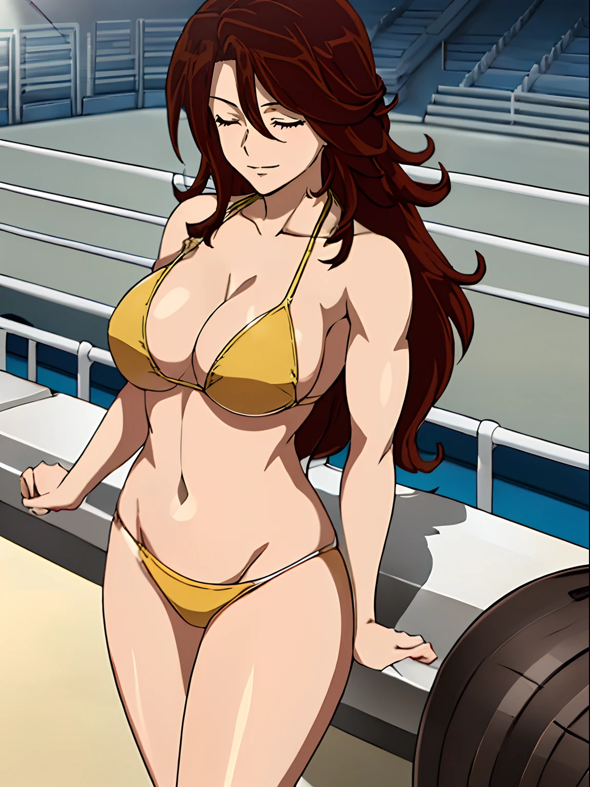 Elegant lady, anime style: 1.8, anime drawing, ultra detailed face, ultra detailed body, 4k, Sumergai Lee Noriega, ((sleeping on wrestling arena, ), closed eyes), best quality, anime style, hires, highest definition, digital blending, bold drawing lines, (hands up), ( slim body, (little biceps), , off-shoulders, closed fists, (curvy: 2.8)), ((broken bikini, (chaps))), gentle, (pale skin, shiny skin, big breasts, smile), (big eyes, brown eyes), (brown hair, loose hair), 27 years old,