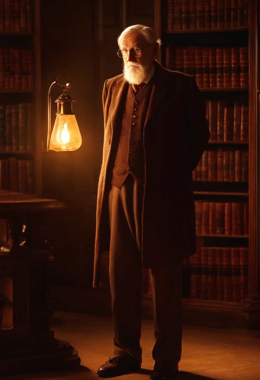 A wise old man standing in front, illuminated by the light of a lamp, against the backdrop of a library
