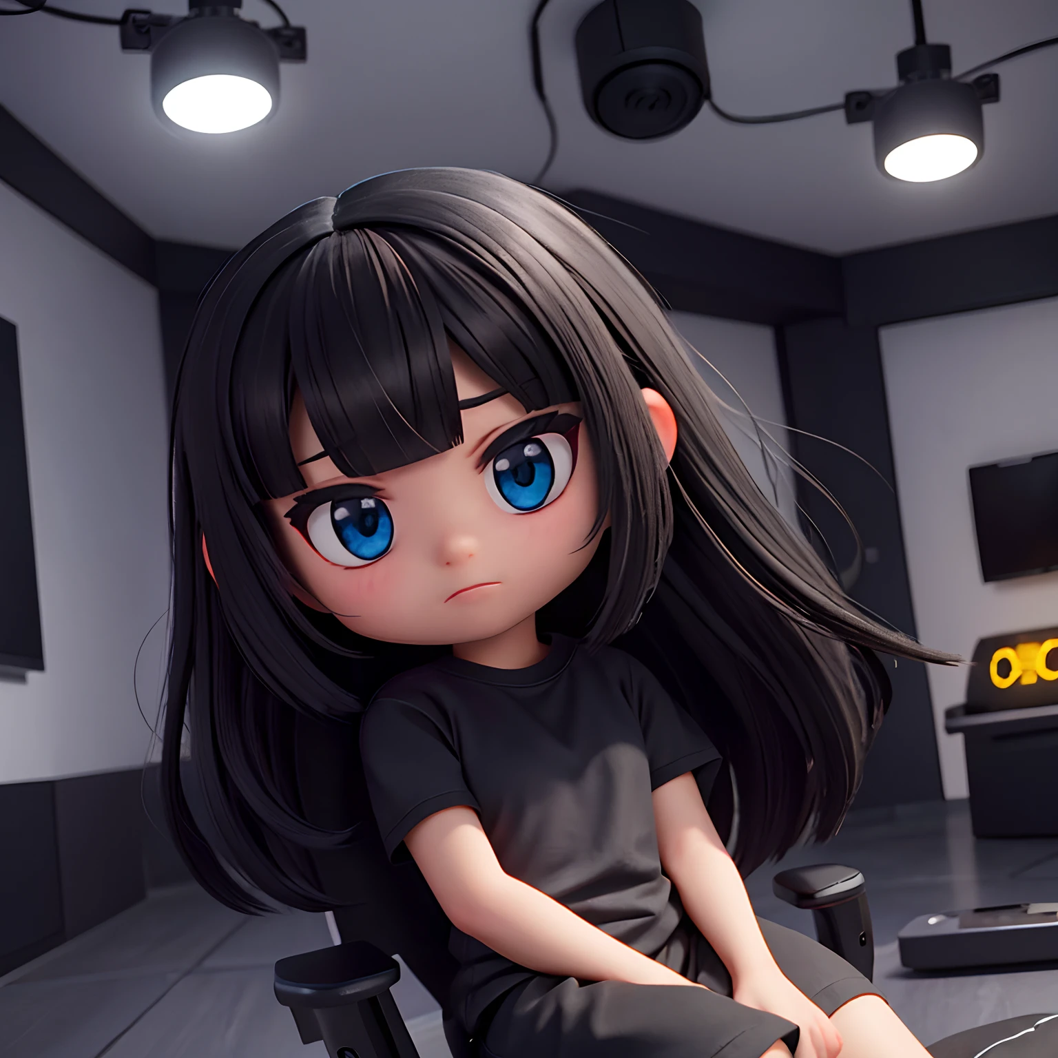 girl with black long hair with bangs wearing black shirt with black shorts sitting in a gamer chair inside a streamer room with lights off with LEDs rgb darkest room, dark room, blacked out