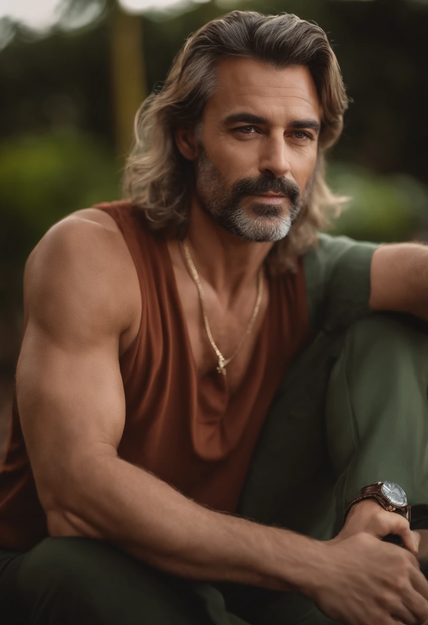 Homem de 40 anos, com cabelo de corte social grisalho, usando uma farda de xerife, tom de pele branca, olhos castanhos escuros